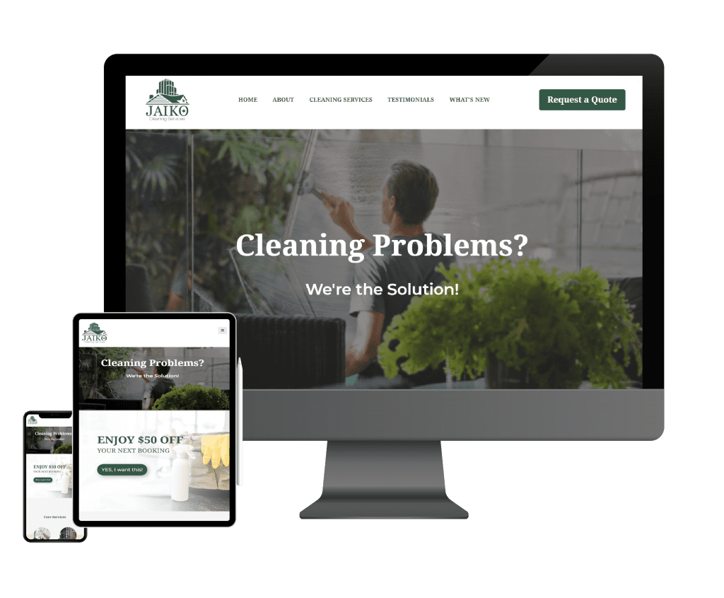 Jaiko Cleaning Services in Ottawa Jaiko Homepage being displayed accross numerous platforms, including a desktop, tablet, and phone