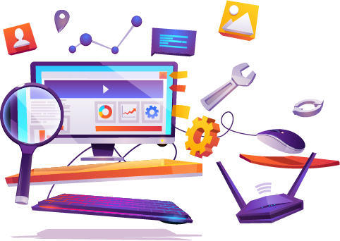Computer screen with tools floating mid air that represent SEO Computer screen with tools floating mid air that represent SEO