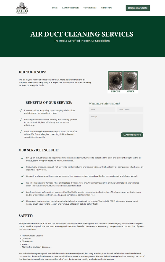 jaiko air duct cleaning service page