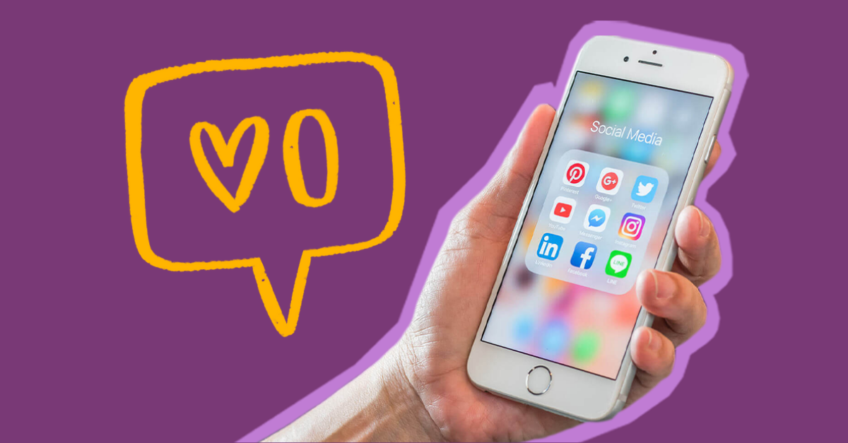 Graphic of a hand holding an iphone with a social likes icon
