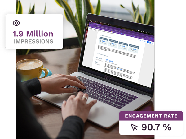 A person analyzing digital marketing performance on a laptop, with metrics highlighting impressions and engagement rates.