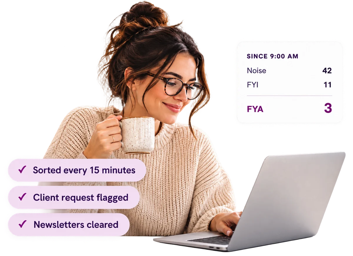 An inbox automatically sorted into Noise, FYI and FYA groups so the messages needing action stand out